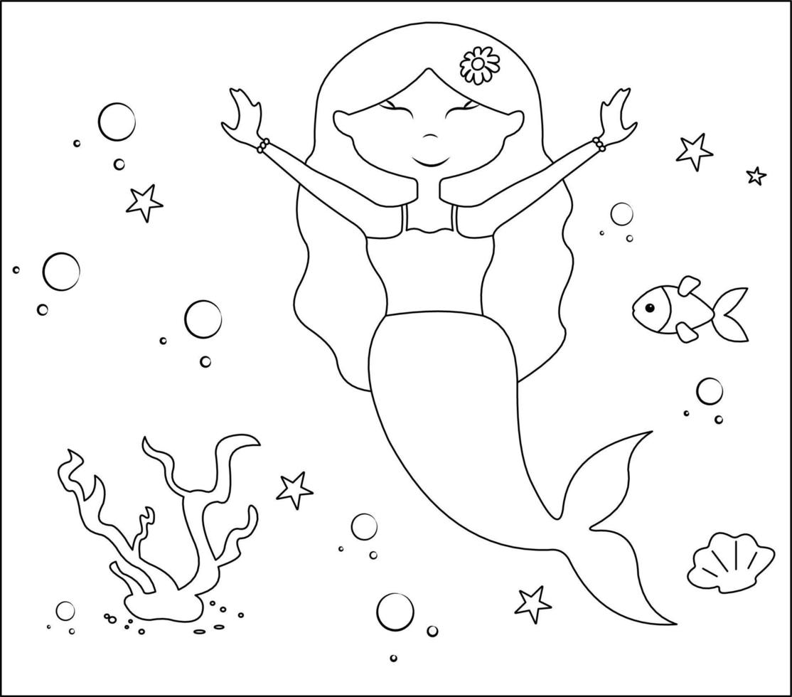 Mermaid Coloring Page 10, Cute mermaid with goldfishes, green grass, water bubbles on background, vector black and white coloring page.