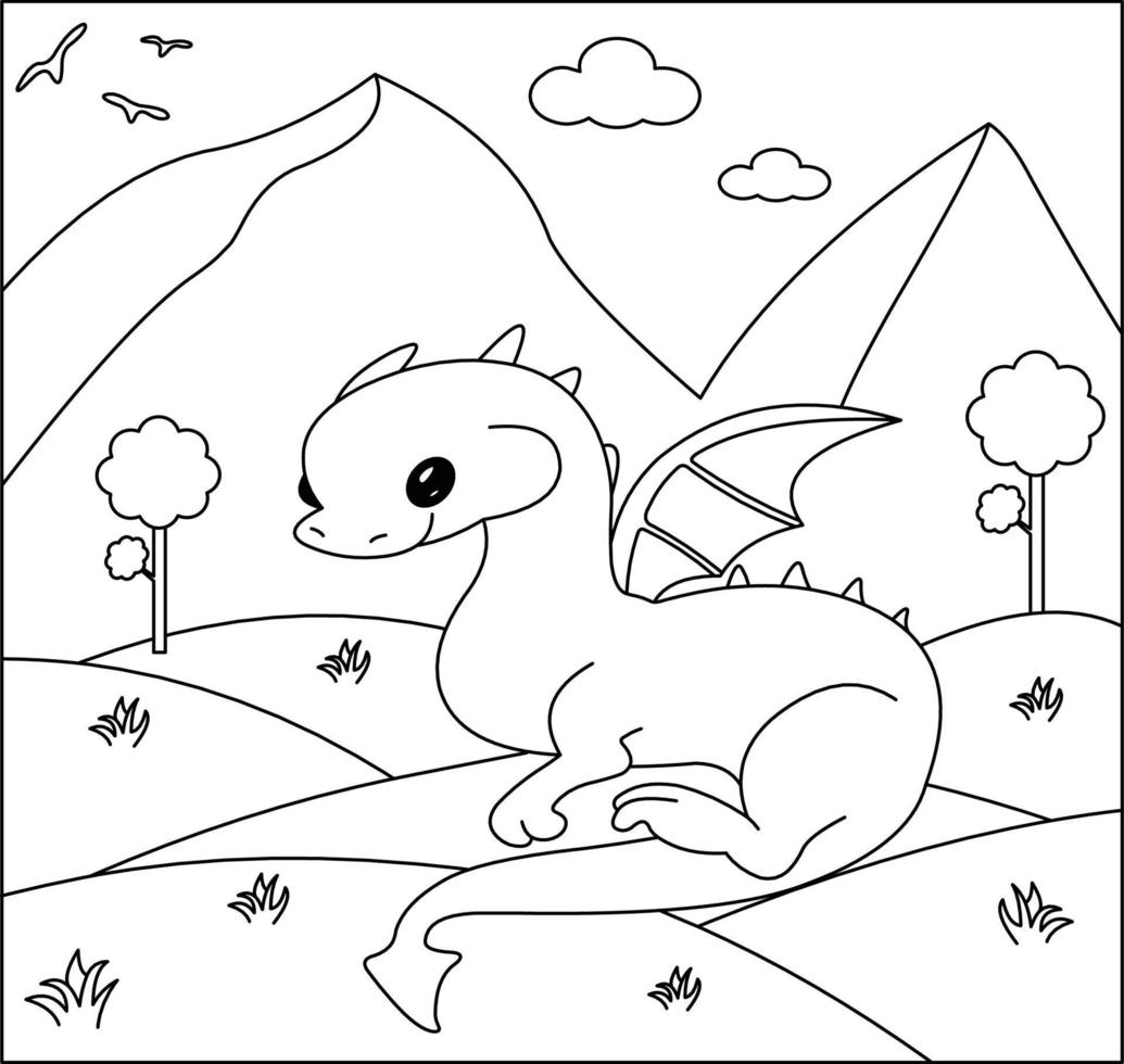 dragón para colorear página 44. lindo dragón con naturaleza, hierba verde, árboles en el fondo, vector página para colorear en blanco y negro.