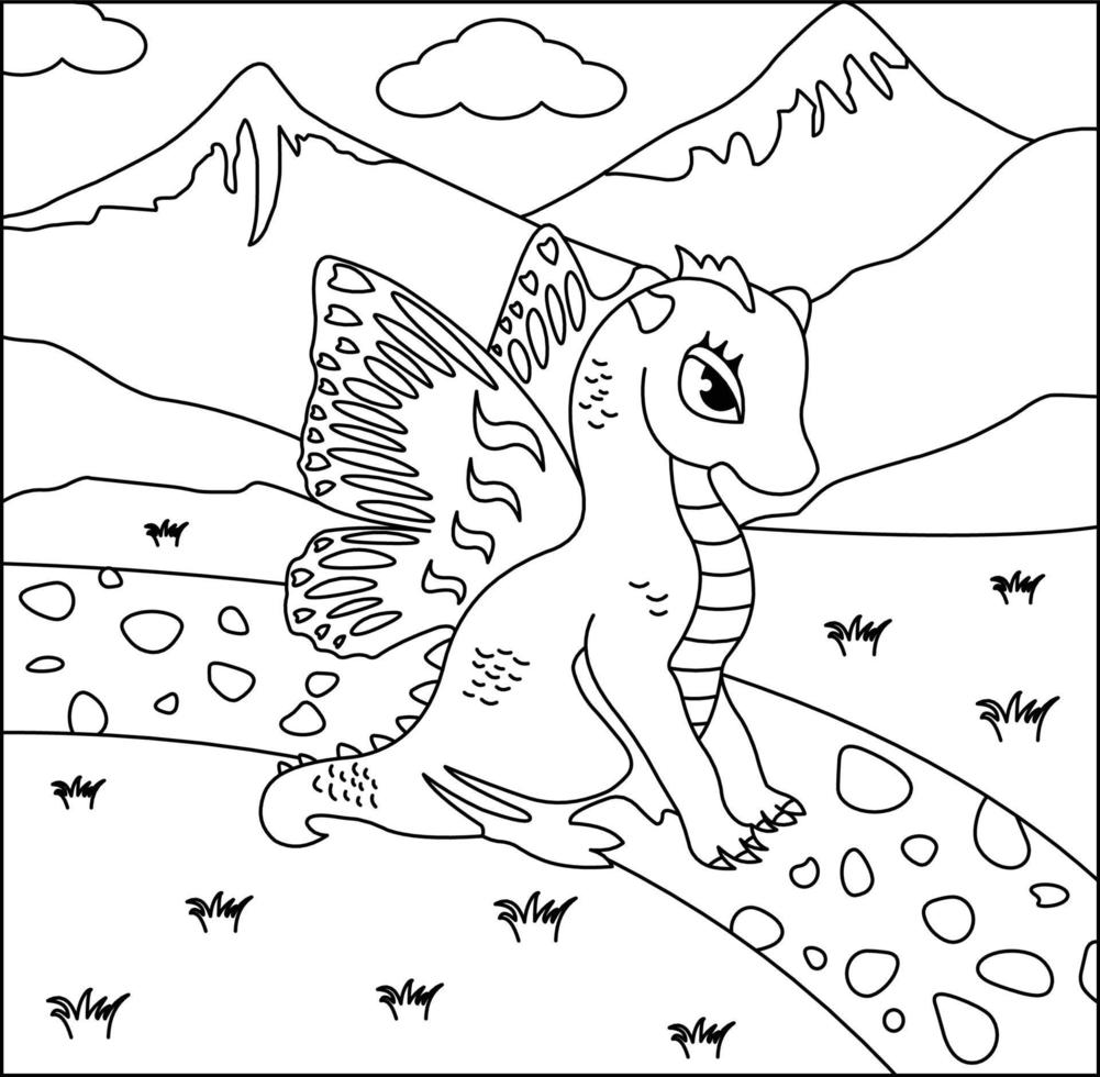 Dragon Coloring Page 45. Cute Dragon with nature, green grass, trees on background, vector black and white coloring page.