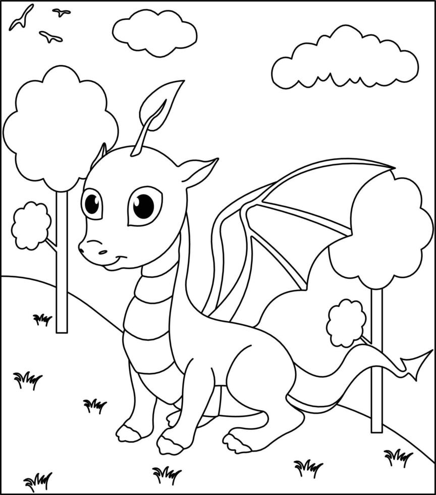 dragón para colorear página 38. lindo dragón con naturaleza, hierba verde, árboles en el fondo, vector página para colorear en blanco y negro.