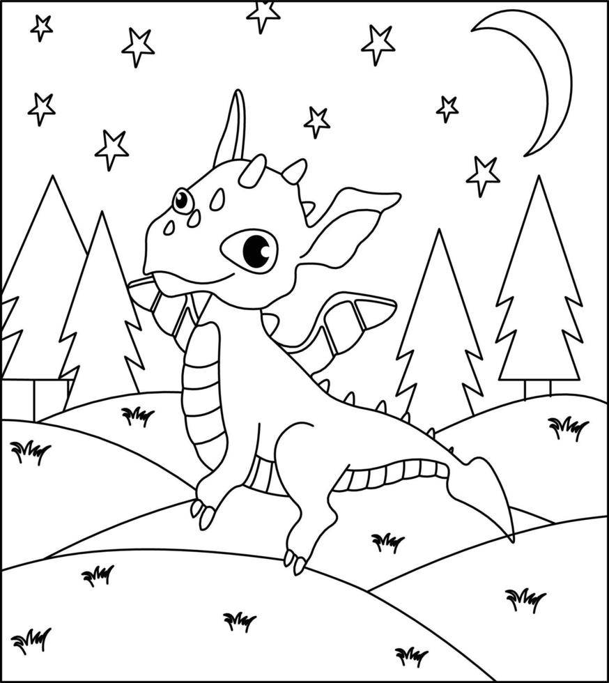 Dragon Coloring Page 35. Cute Dragon with nature, green grass, trees on background, vector black and white coloring page.
