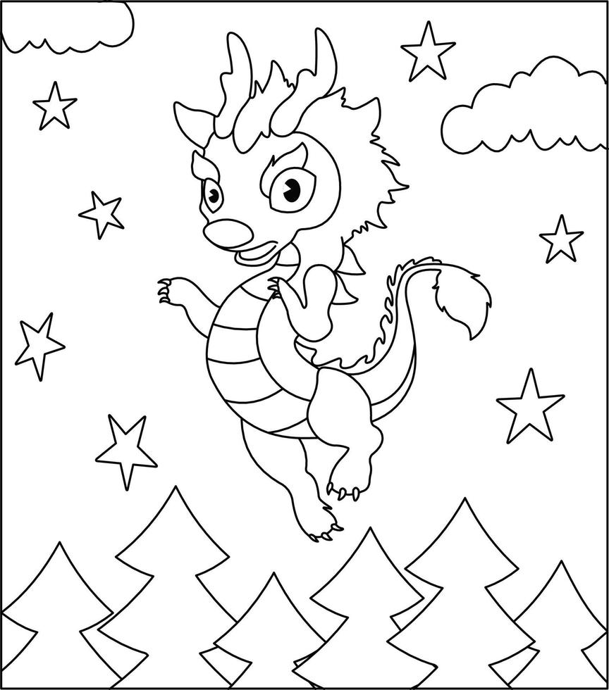 Dragon Coloring Page 36. Cute Dragon with nature, green grass, trees on background, vector black and white coloring page.