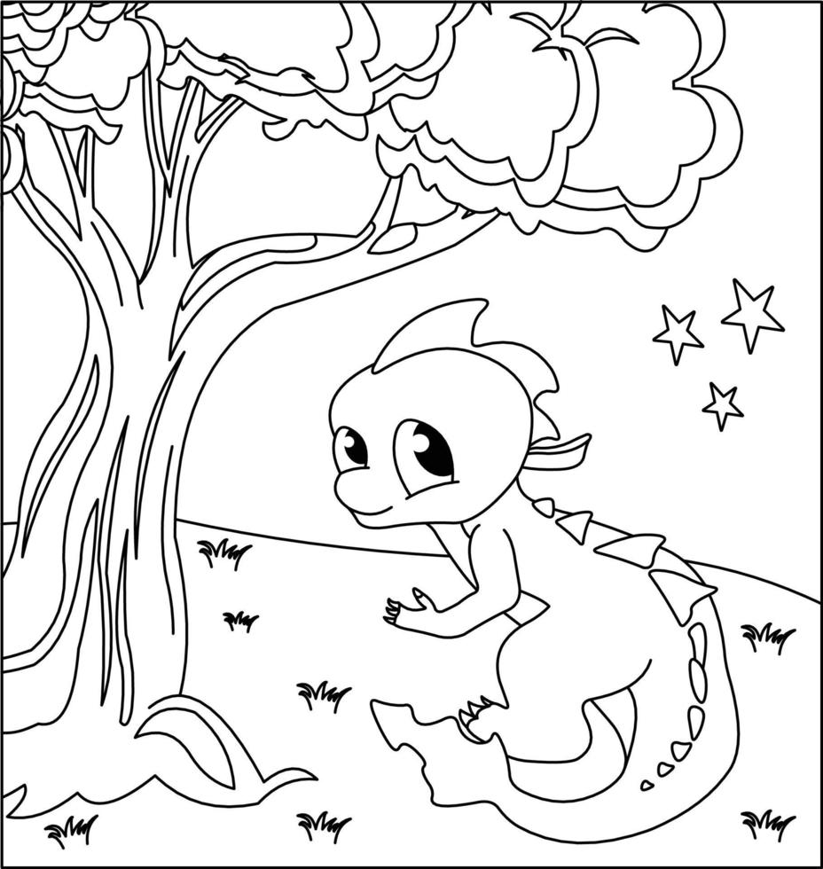 Dragon Coloring Page 30. Cute Dragon with nature, green grass, trees on background, vector black and white coloring page.