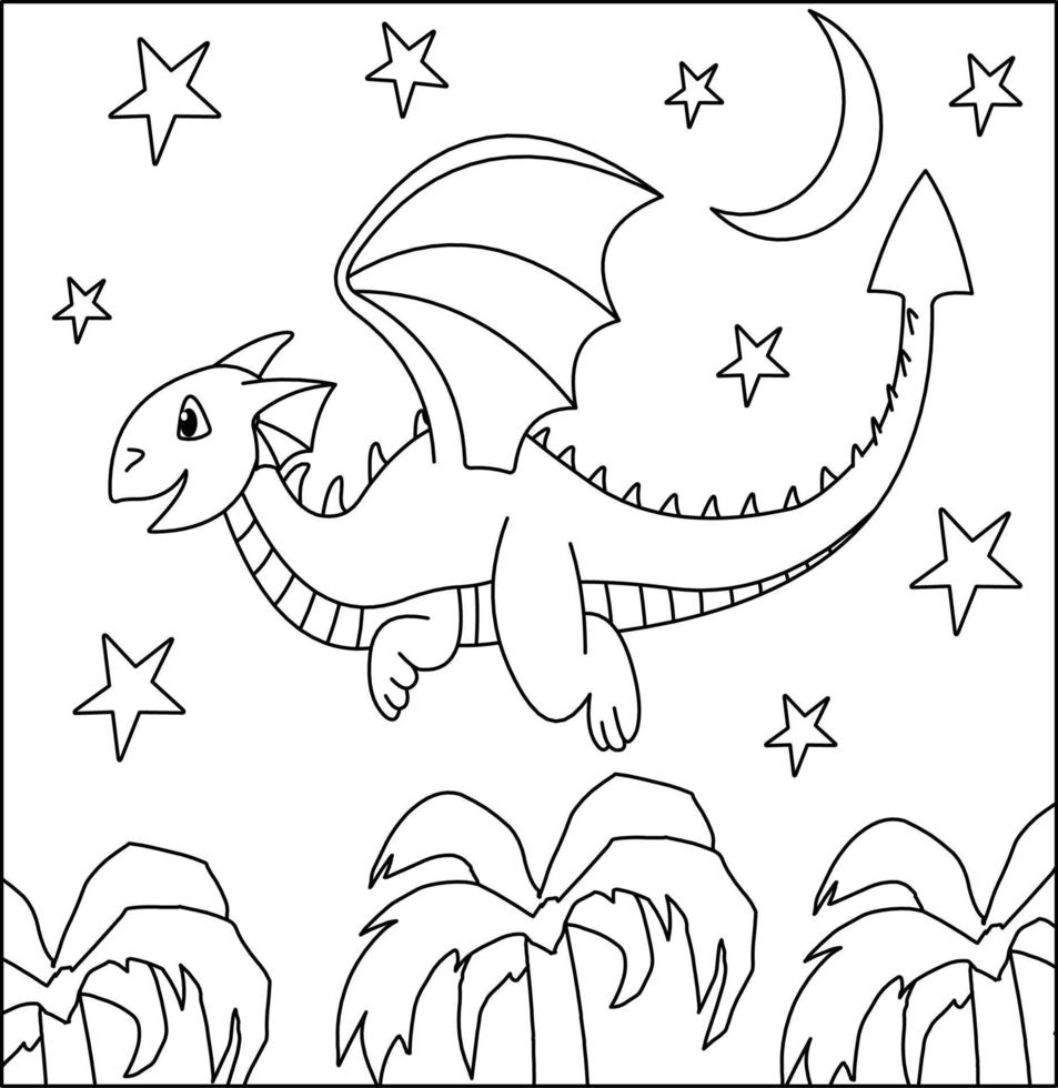 Dragon Coloring Page 26. Cute Dragon with nature, green grass, trees on background, vector black and white coloring page.