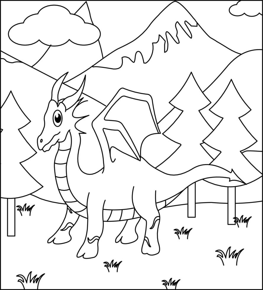 Dragon Coloring Page 32. Cute Dragon with nature, green grass, trees on background, vector black and white coloring page.