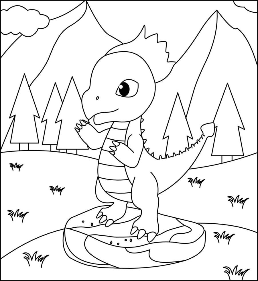 Dragon Coloring Page 20. Cute Dragon with nature, green grass, trees on background, vector black and white coloring page.