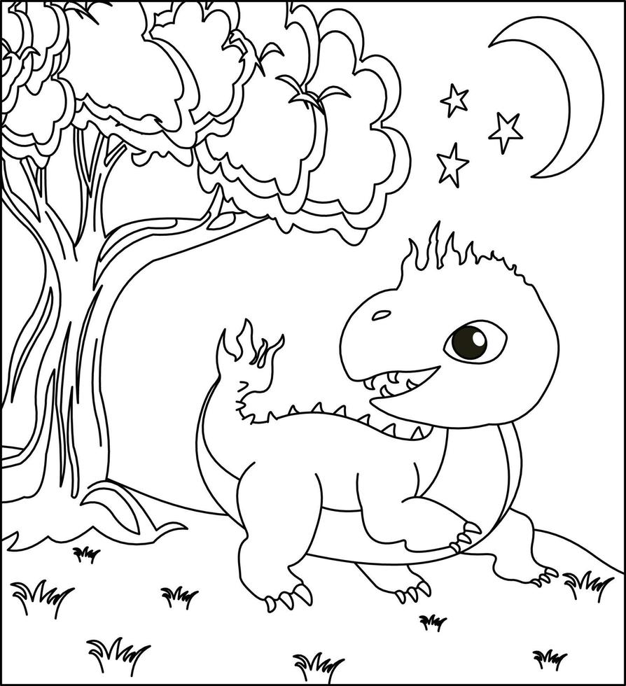 dragón para colorear página 22. lindo dragón con naturaleza, hierba verde, árboles en el fondo, página de coloreado vectorial en blanco y negro. vector
