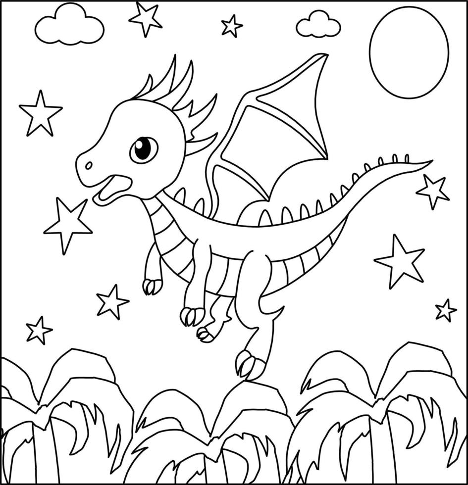 Dragon Coloring Page 18. Cute Dragon with nature, green grass, trees on background, vector black and white coloring page.