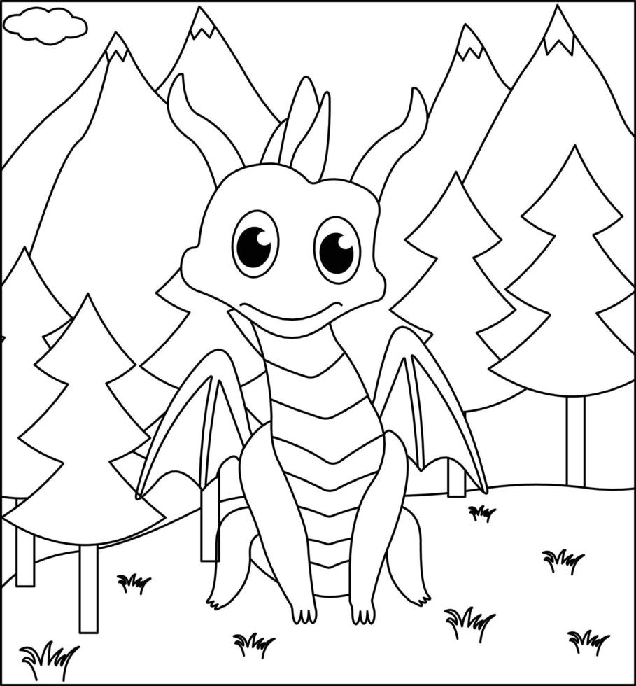 Dragon Coloring Page 10. Cute Dragon with nature, green grass, trees on background, vector black and white coloring page.