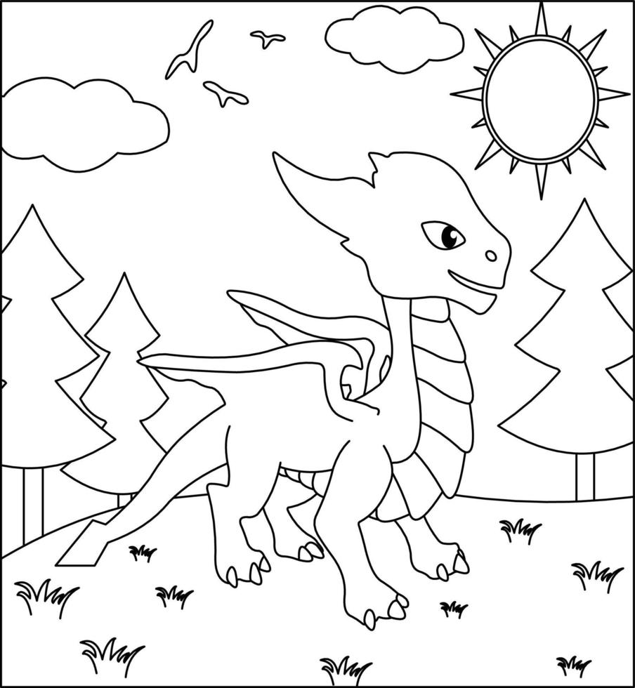 dragón para colorear página 7. lindo dragón con naturaleza, hierba verde, árboles en el fondo, vector página para colorear en blanco y negro.