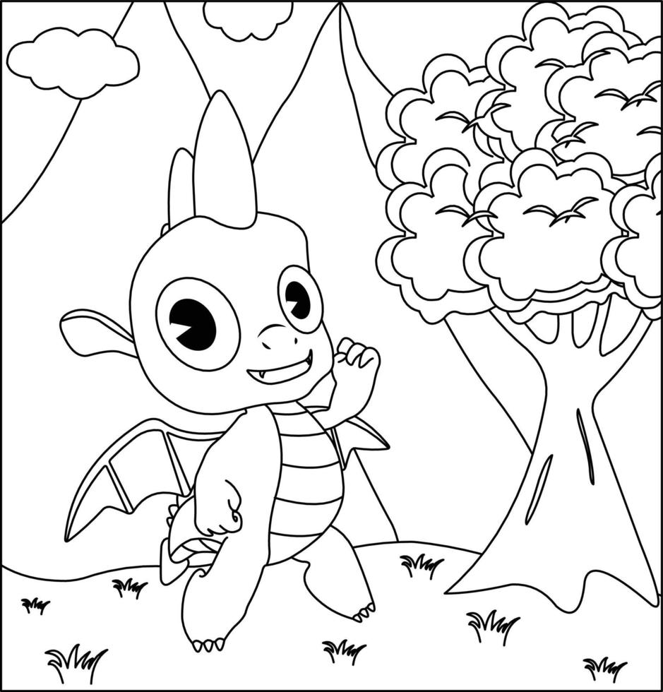 Dragon Coloring Page 5. Cute Dragon with nature, green grass, trees on background, vector black and white coloring page.