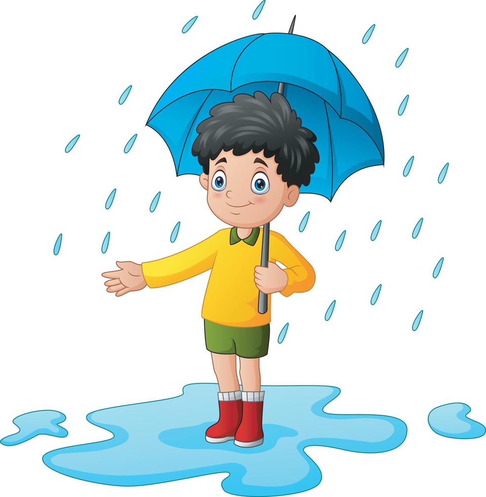 niño usando paraguas bajo la lluvia vector