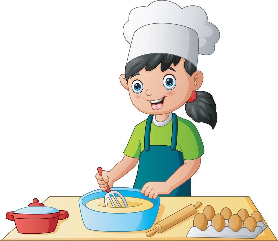 niño en la cocina haciendo un pastel con un sombrero de chef vector