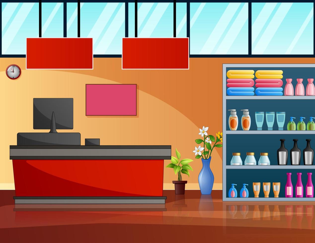 Supermarket store interior with goods and cashier vector
