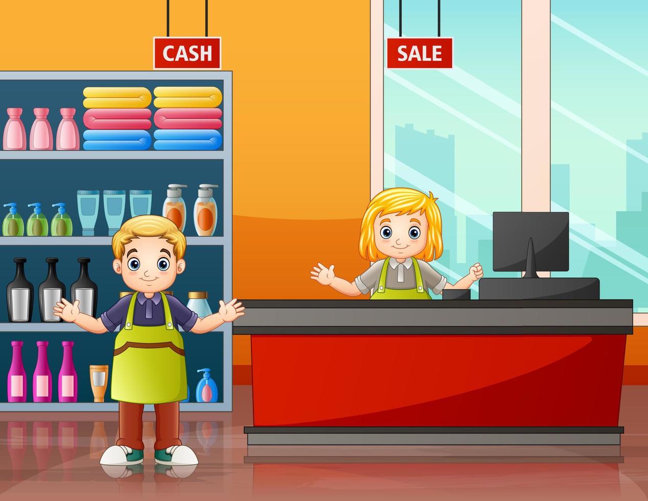 The supermarket workers in the cashier illustration vector