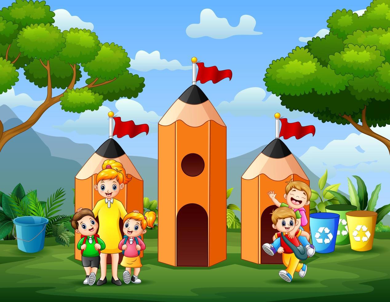 Cartoon a teacher with her students in the park vector