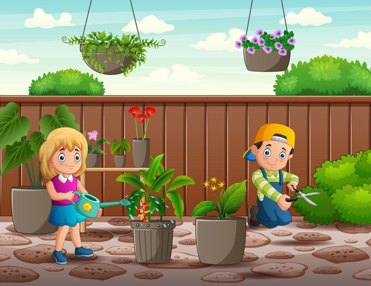 Happy boy and girl working in the garden vector