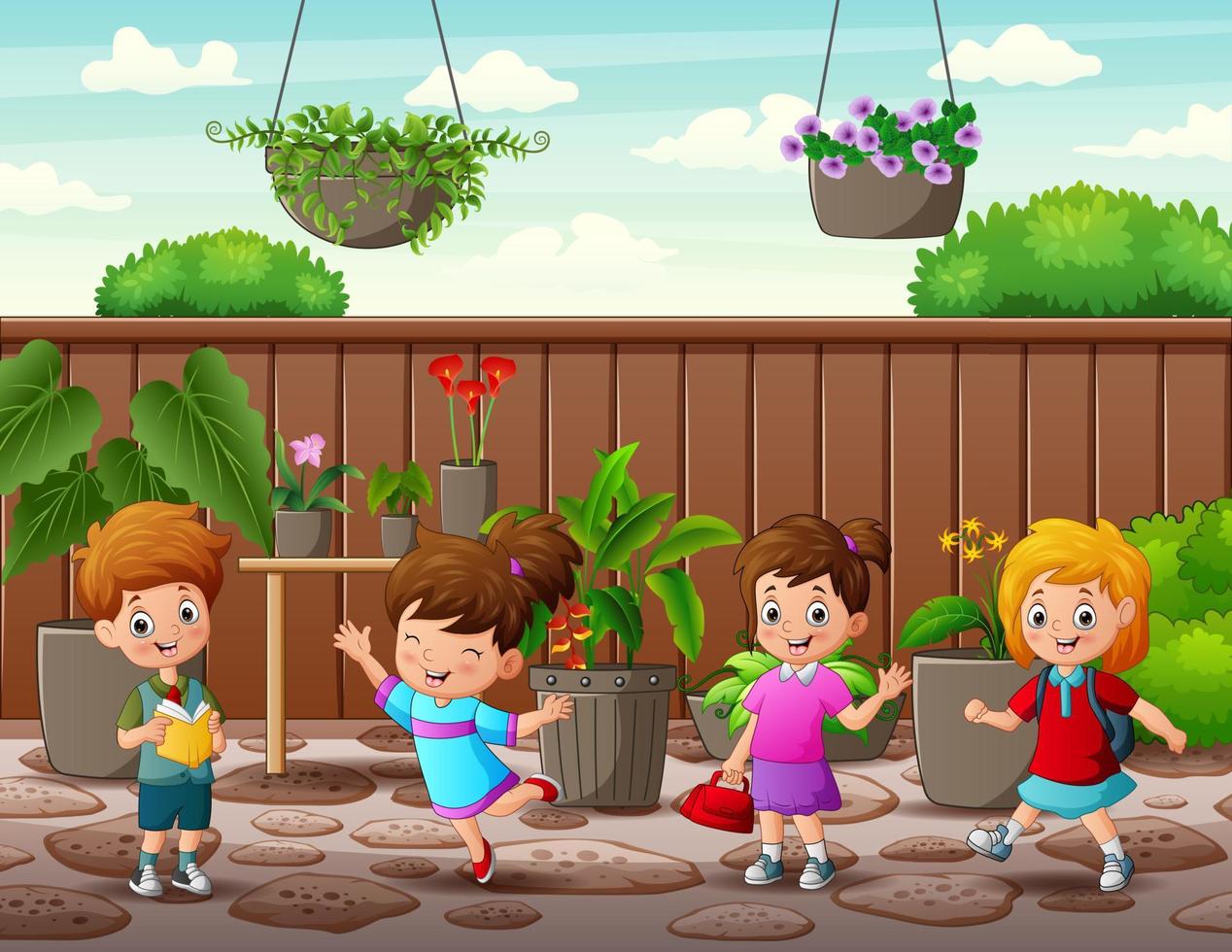 Happy little children in a garden illustration vector