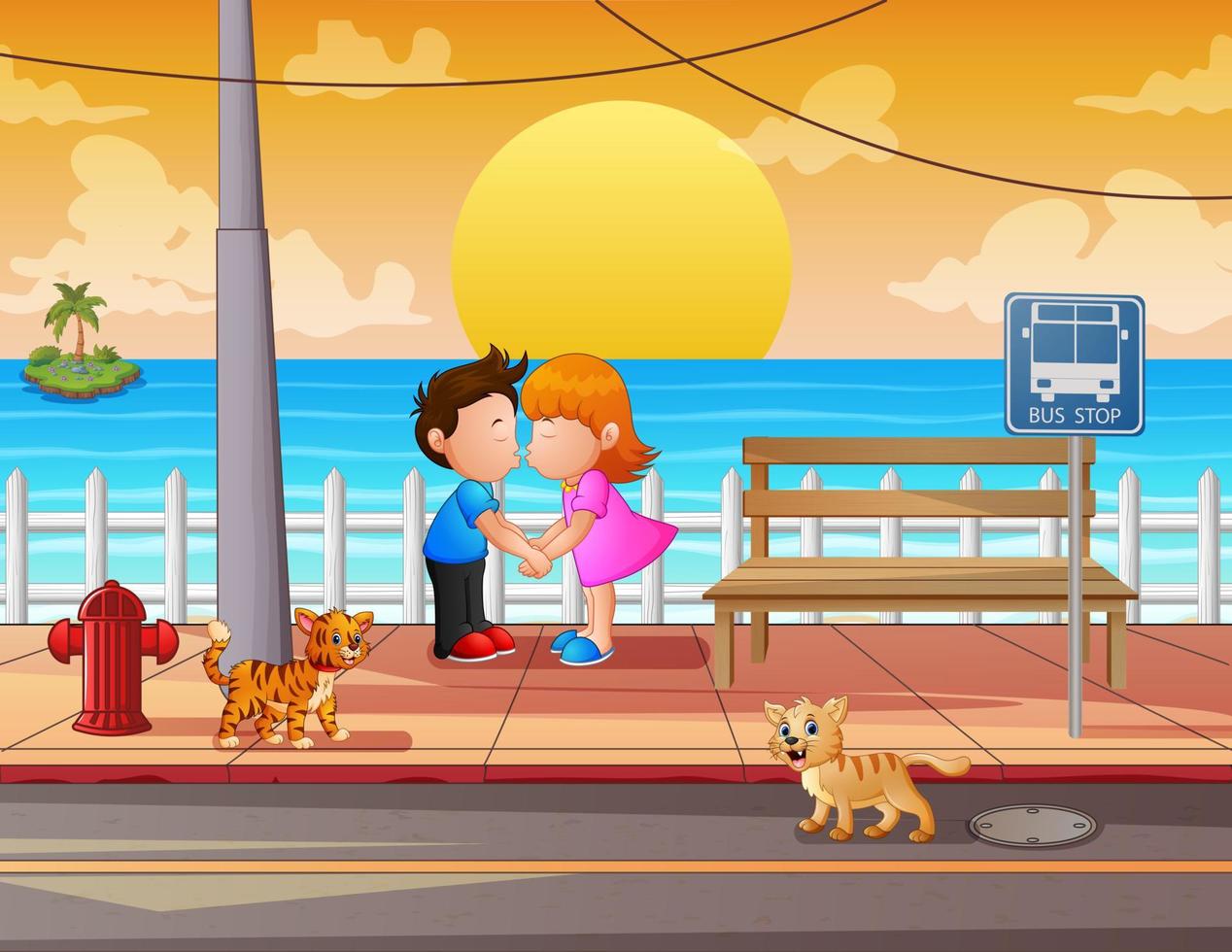 dibujos animados de una pareja besándose con vista a la playa 6732039  Vector en Vecteezy