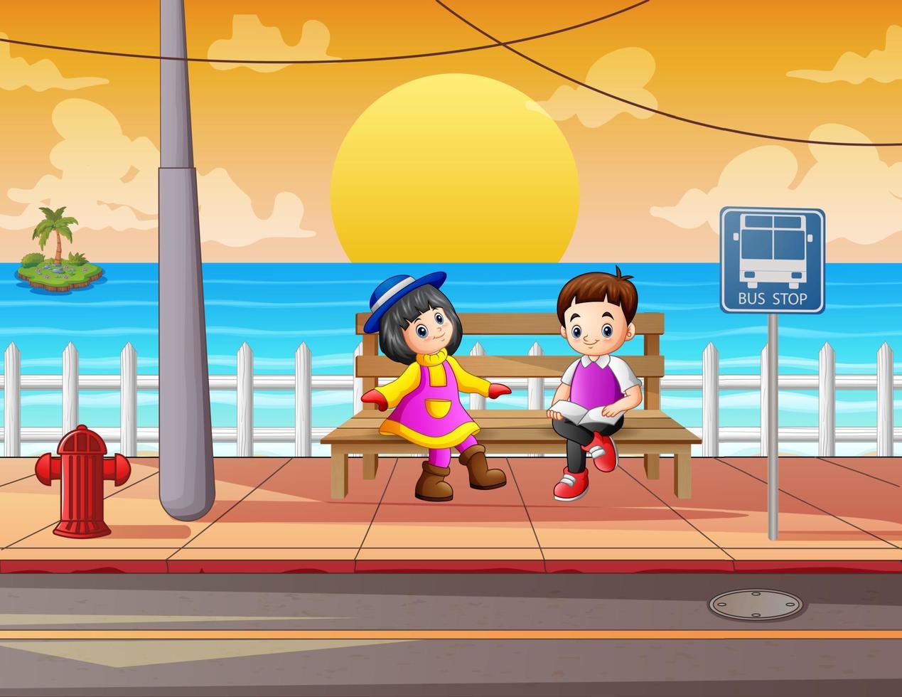 Cartoon the children sitting on wooden bench in the roadside vector