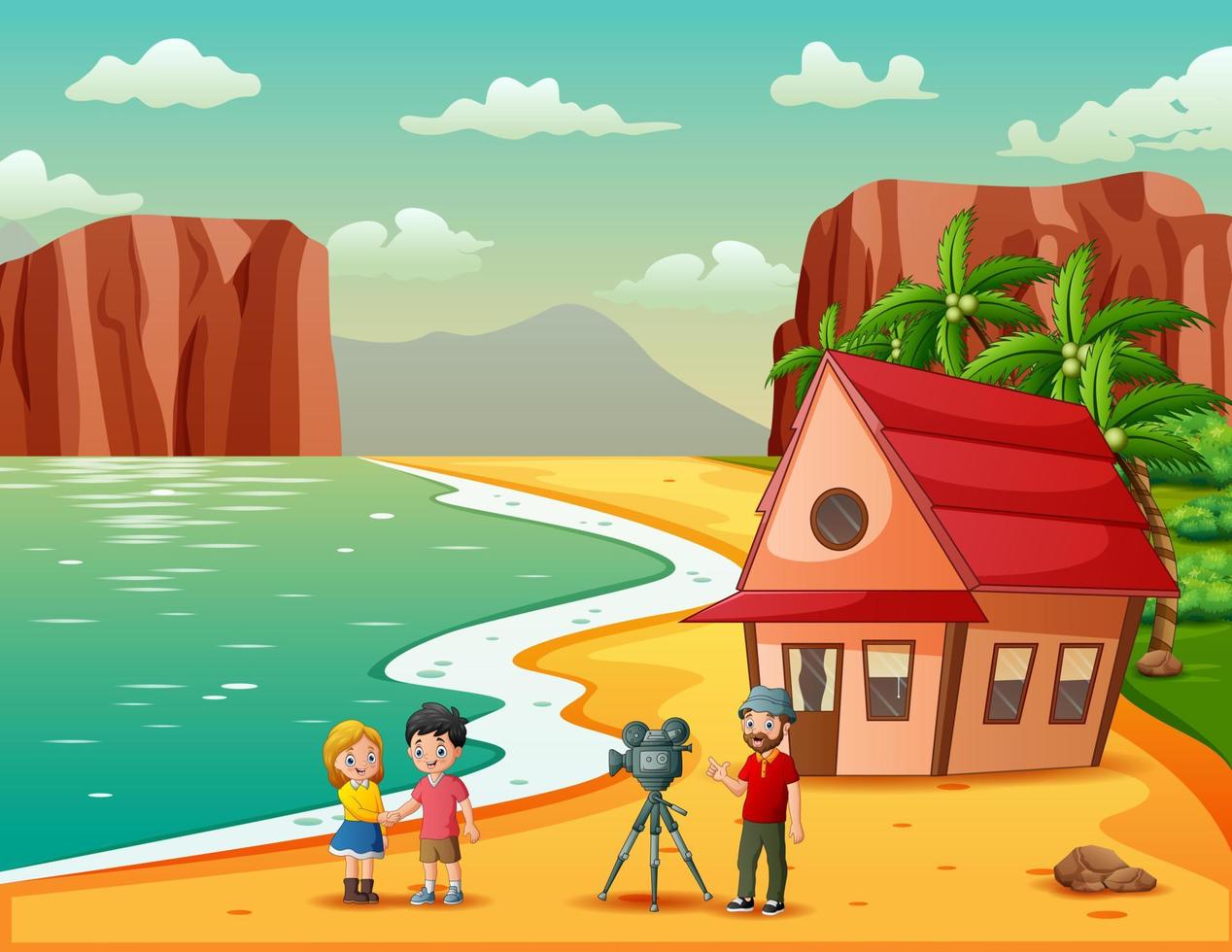 A cameraman making shooting movie at the beach illustration vector