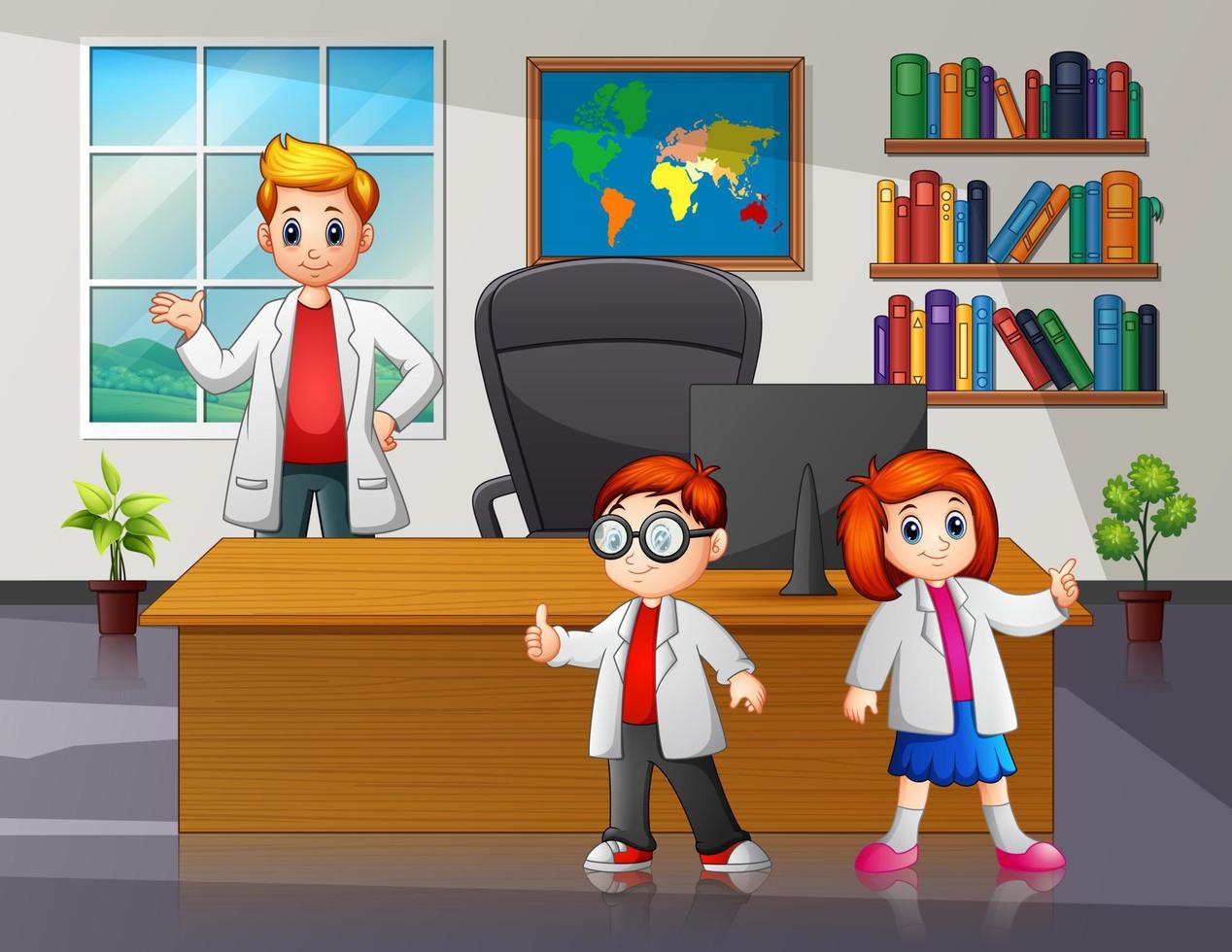 Illustration a young boy and girl in the office room vector