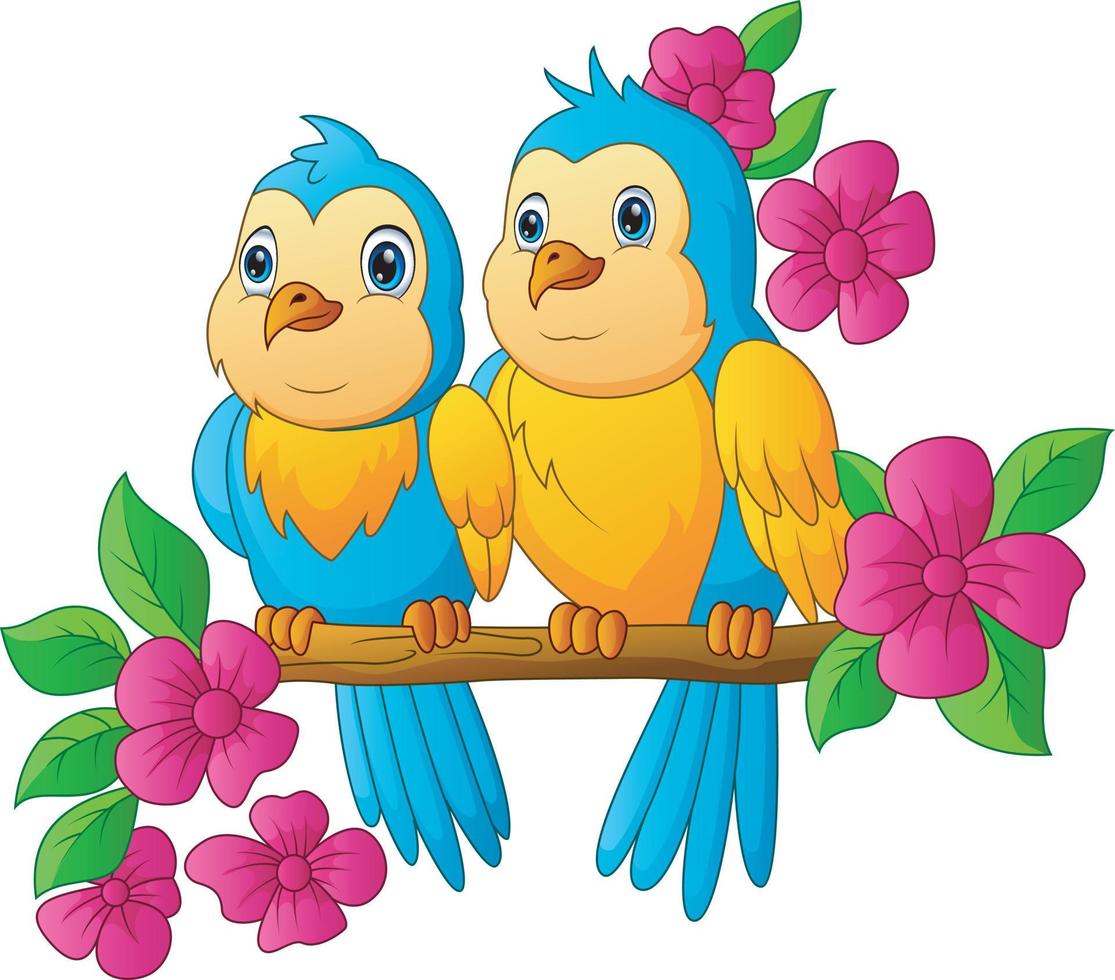 Cute parrots are sitting on a branch with pink flowers vector