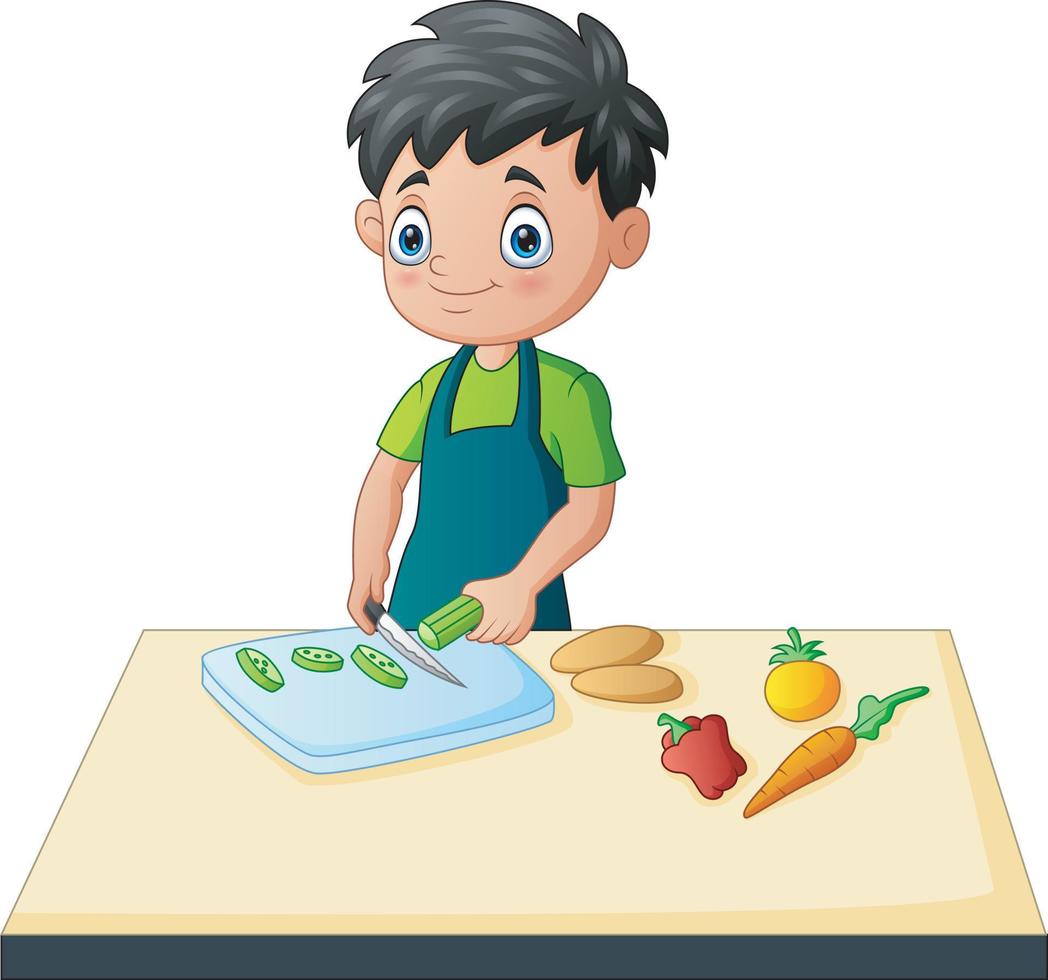 joven cortando verduras en la mesa ilustración vector