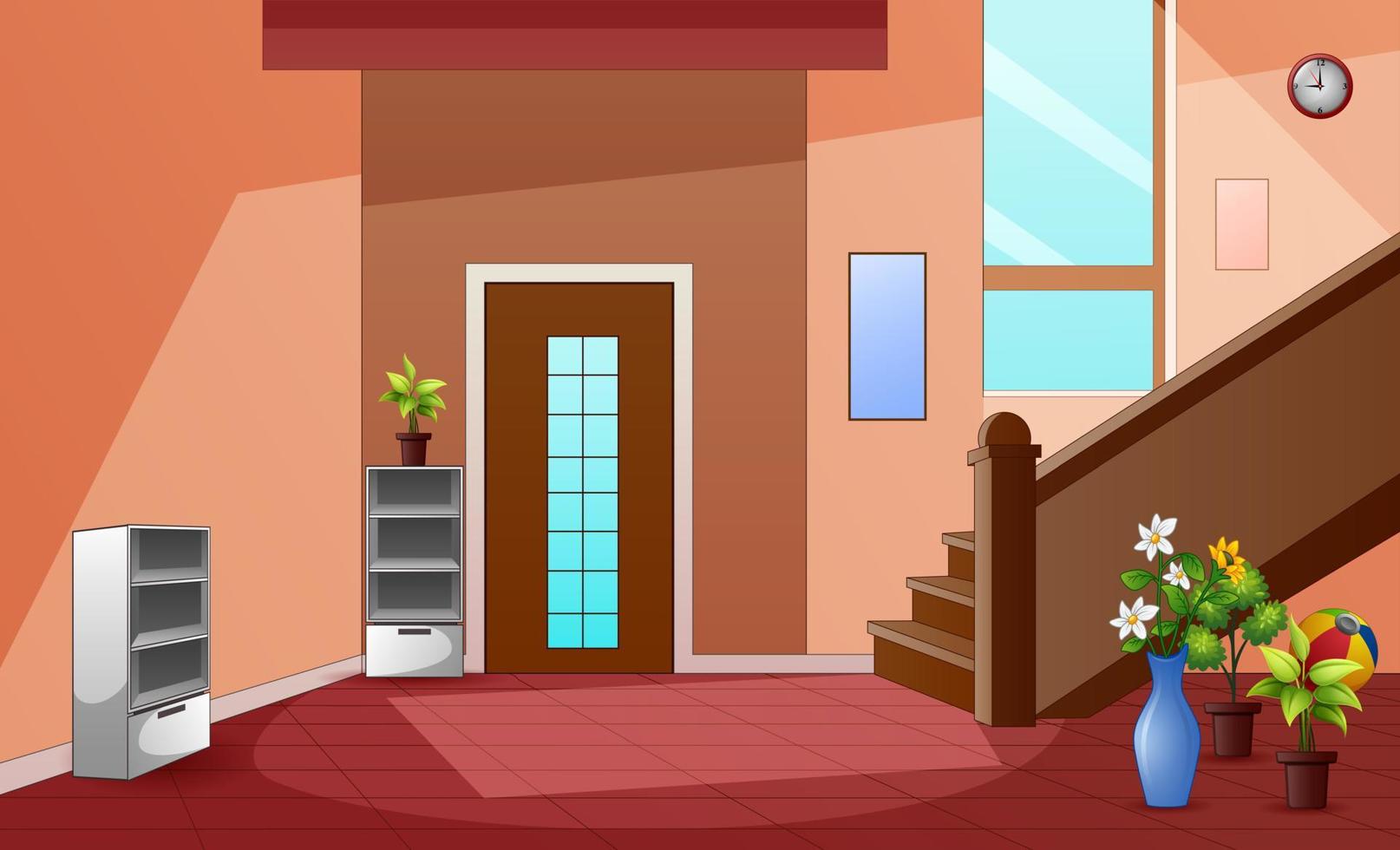 Cartoon corridor interior with stairs and entrance door vector