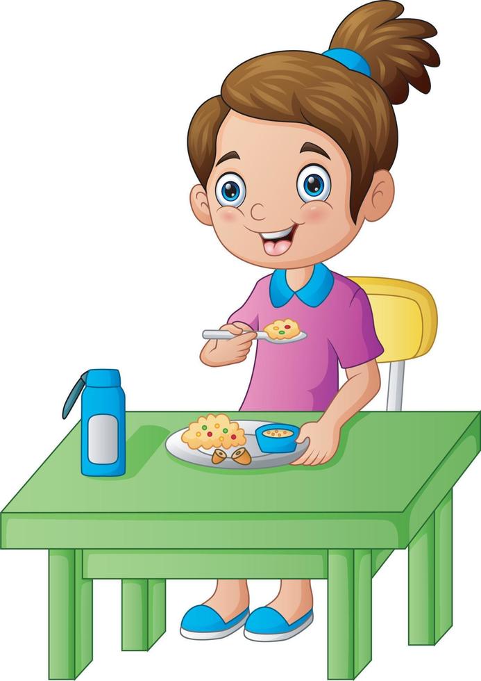 linda una niña felizmente comiendo comida ilustración vector