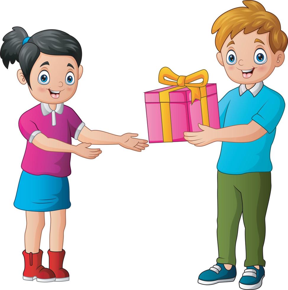 Teenage boy giving gift box to happy girl vector