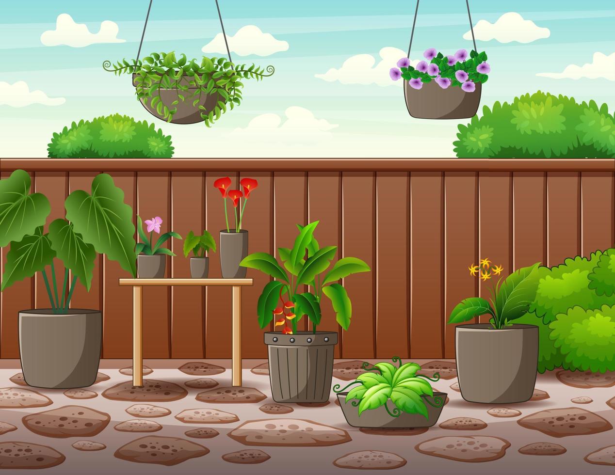 Illustration of the pot of plants inside the high fence vector