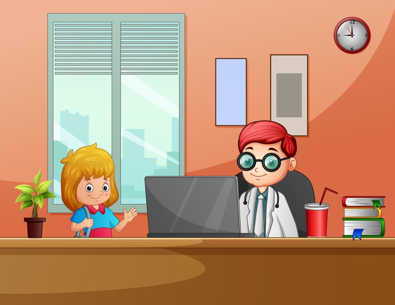 Cartoon cute girl with her father working in front of his computer vector