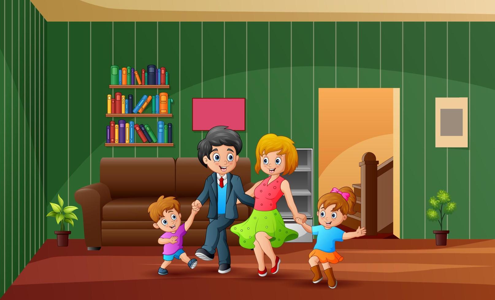 familia sonriente bailando divirtiéndose en casa vector