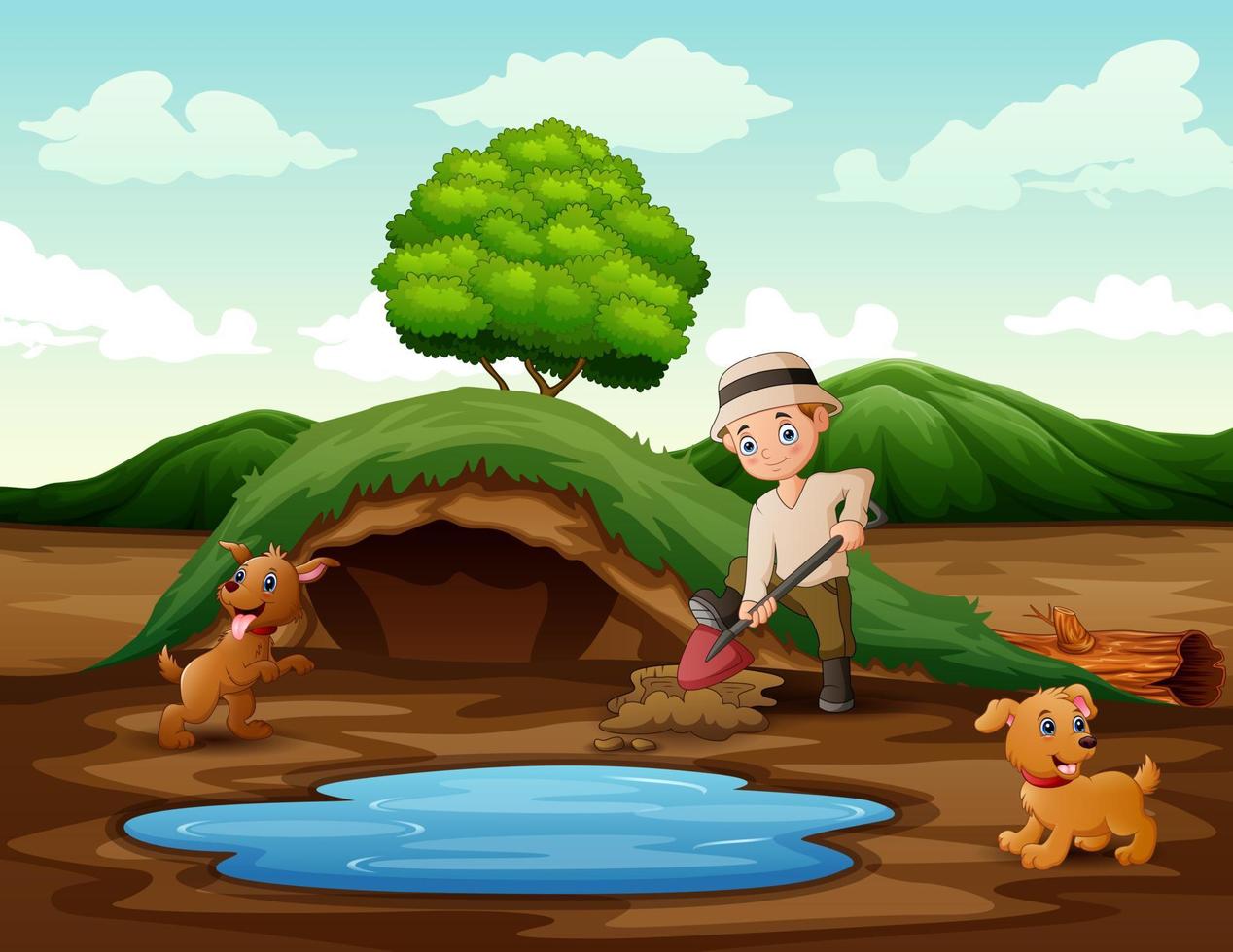 Man digging soil with a shovel near a small pond vector