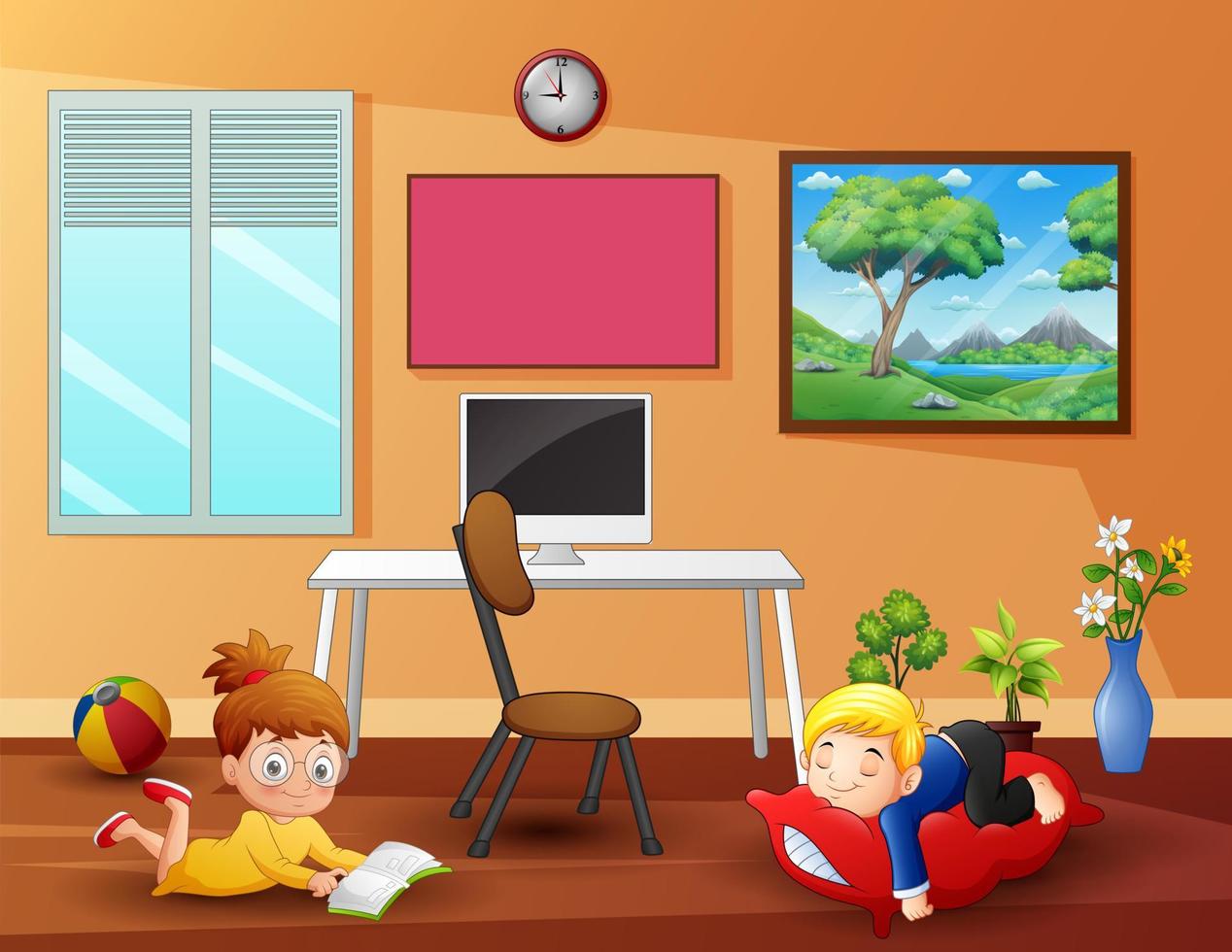 ilustración de dibujos animados de niños que se relajan en casa vector