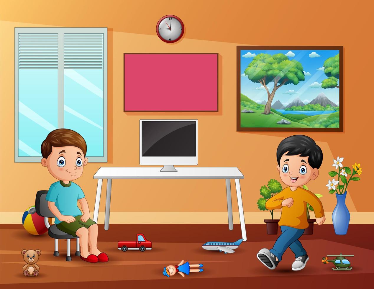 Happy little boys playing at home illustration vector