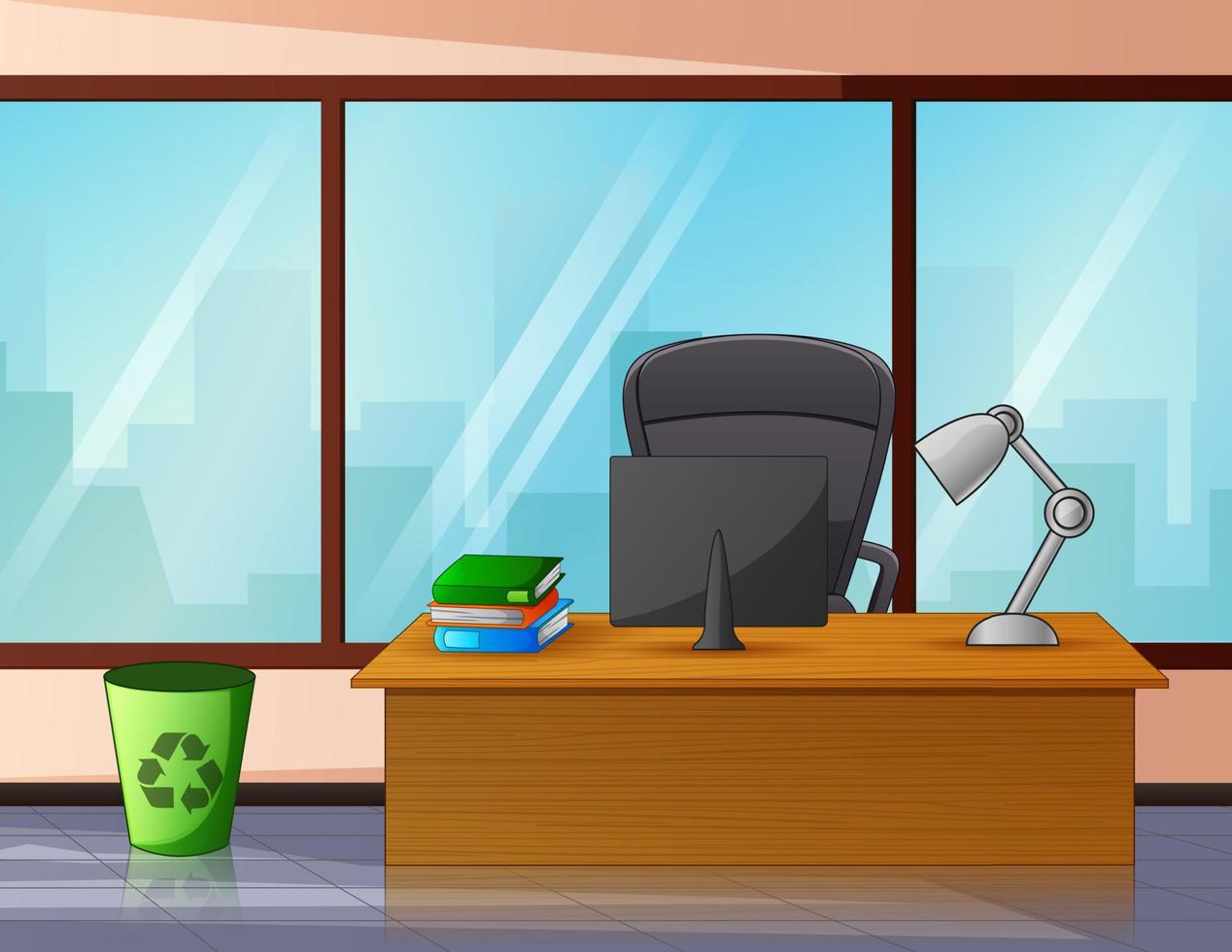 interior de la sala de trabajo de dibujos animados con ilustración de computadora vector