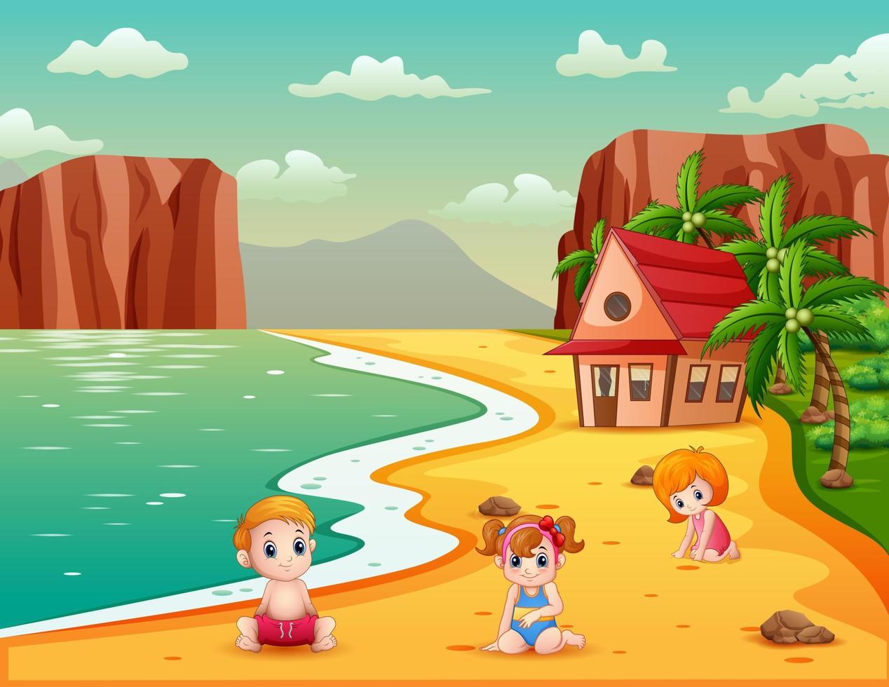 Cartoon the children sitting on the sand beach vector