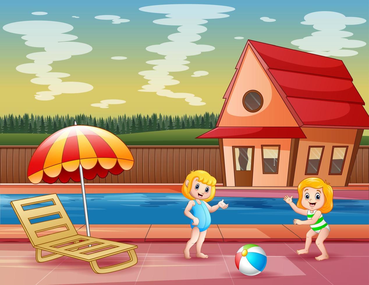 niñas felices jugando en la ilustración junto a la piscina vector