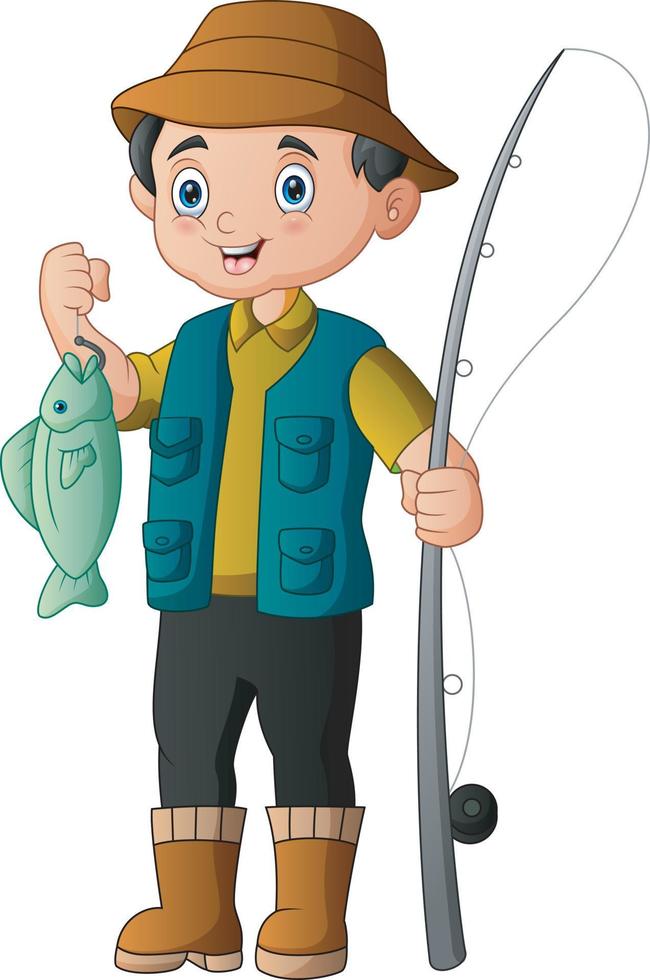 Fishermen in rubber boots with a caught fish and a fishing rod vector