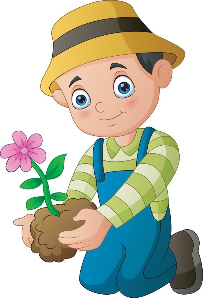 Young man planting a flower isolated on white background vector