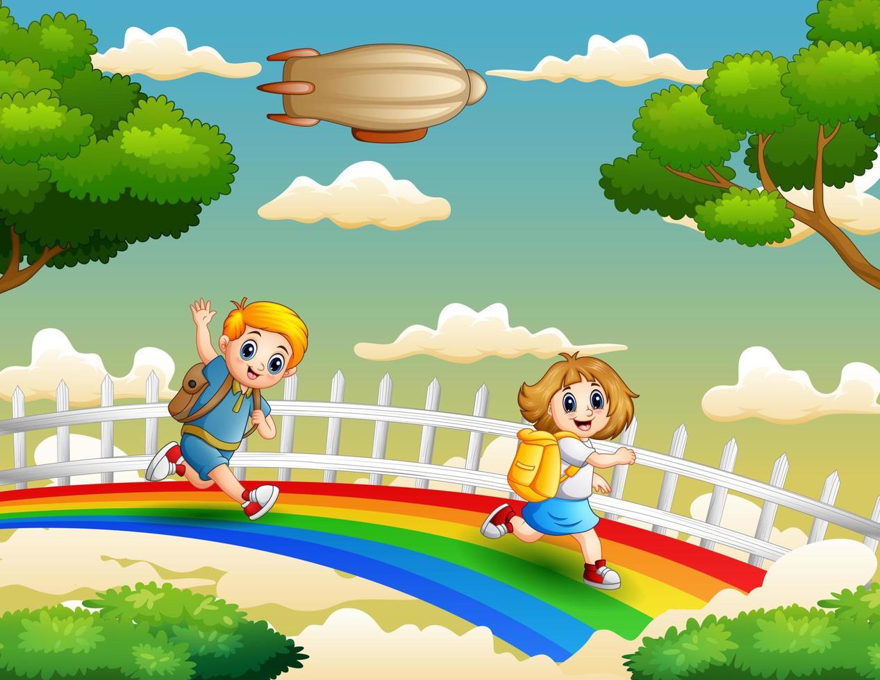 niños felices de la escuela que van a la escuela en la ilustración del arco iris vector