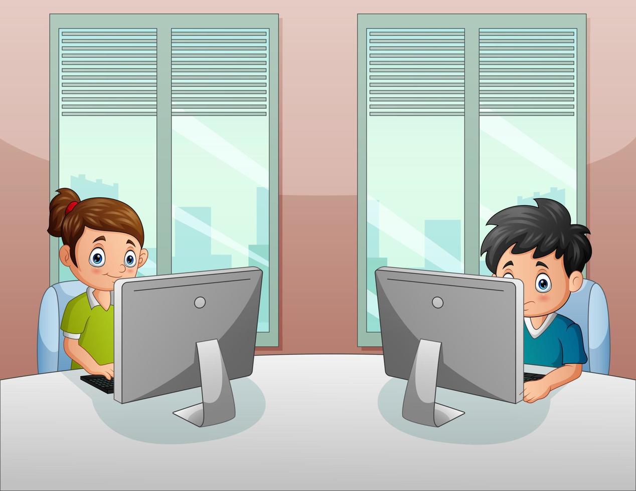 Boy and girl sitting on chair at table in front of computer vector