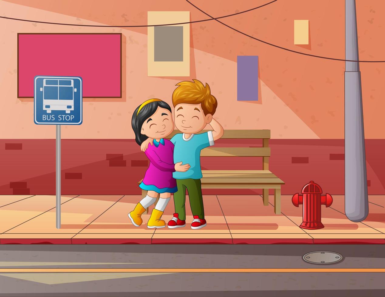 Cartoon illustration of a teenage couple in the street vector