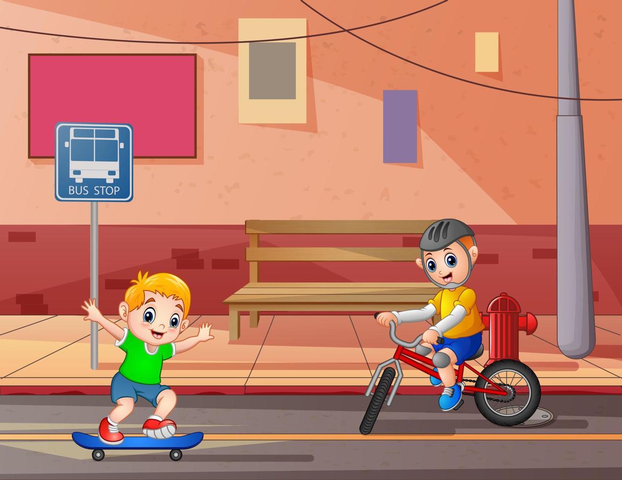 niños en bicicleta y patinando en la ilustración de la carretera vector