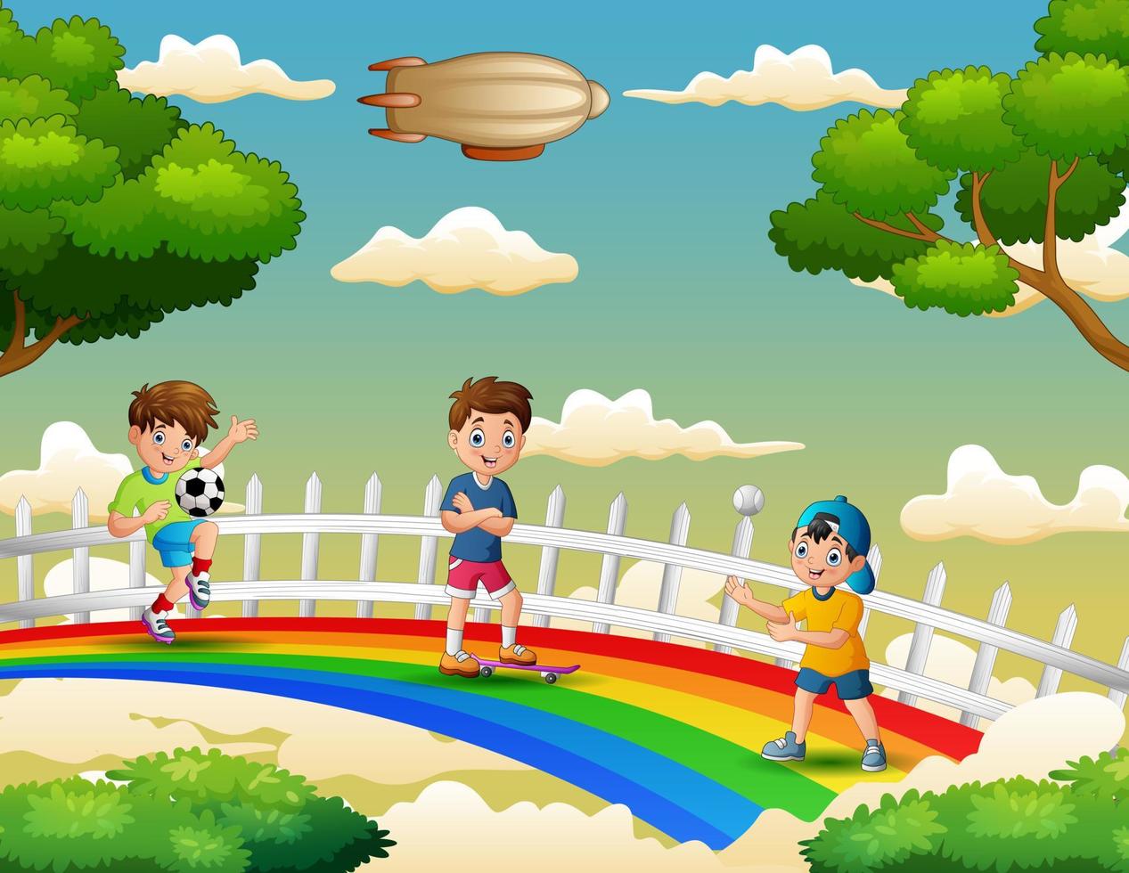 felices tres de los niños juegan diferentes actividades sobre el arco iris vector