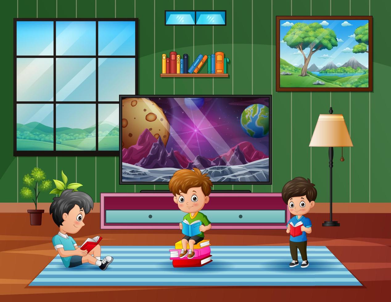 Cartoon the children reading book at home vector
