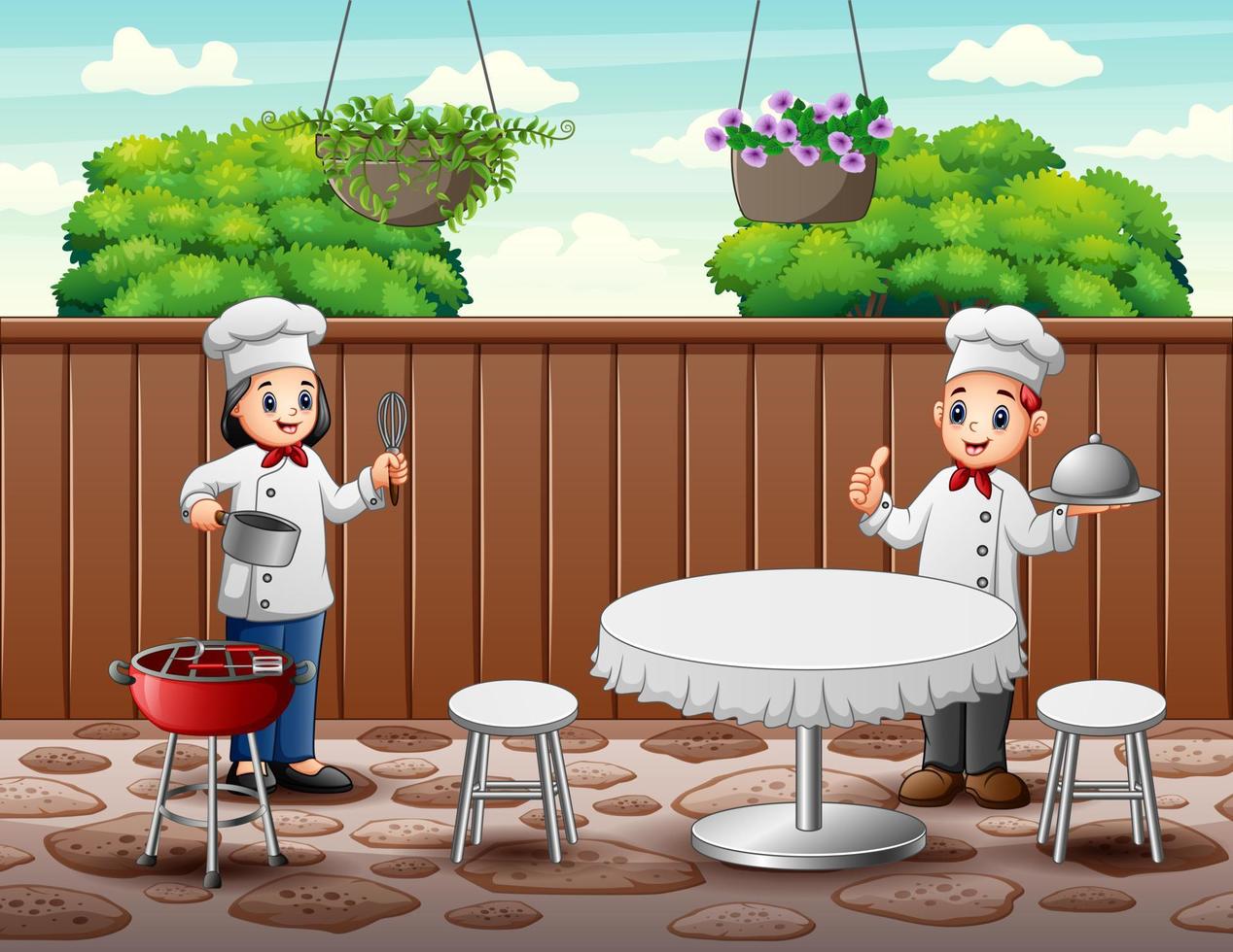 Cartoon happy two chefs deliver food for customer vector