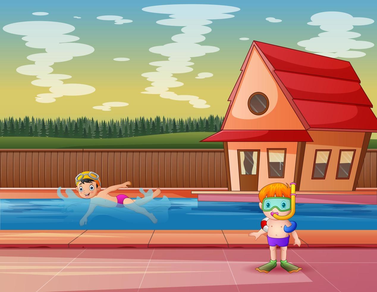 caricatura de los niños en la piscina vector